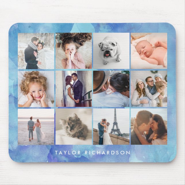 Twelve Photo Collage | Watercolor Blue Mouse Pad (Front)