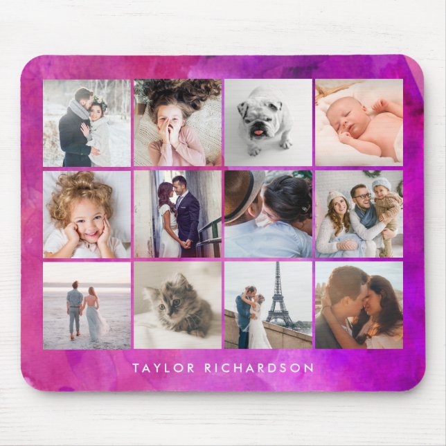 Twelve Photo Collage | Watercolor Magenta Mouse Pad (Front)
