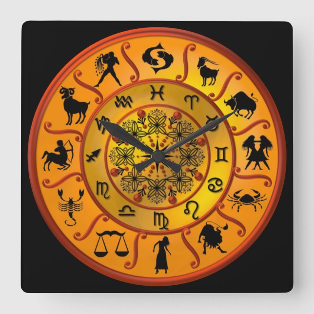 ~ Twelve Signs Of The Zodiac ~ Square Wall Clock (Front)