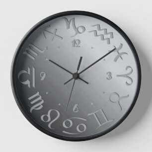 Twelve Zodiac Symbols in Silver Grey Clock