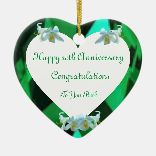 Twentieth Wedding Anniversary Emerald  Heart Ceramic Tree Decoration (Front)