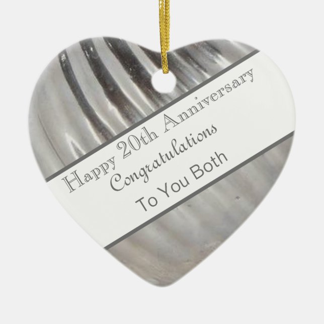 Twentieth Wedding Anniversary Platinum  Heart Ceramic Tree Decoration (Front)
