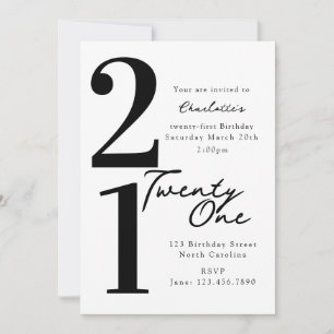 Twenty First 21st Birthday Black White Modern Invitation