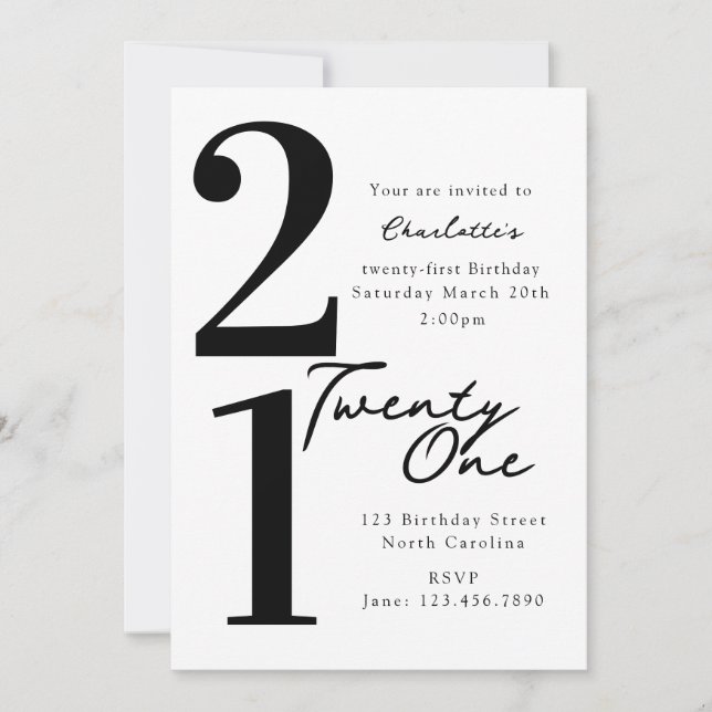 Twenty First 21st Birthday Black White Modern Invitation (Front)