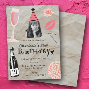 Twenty First 21st Birthday Custom Photo Girly Invitation
