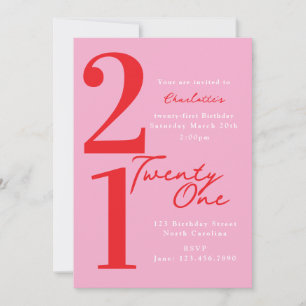 Twenty First 21st Birthday Pink Red Modern Invitation
