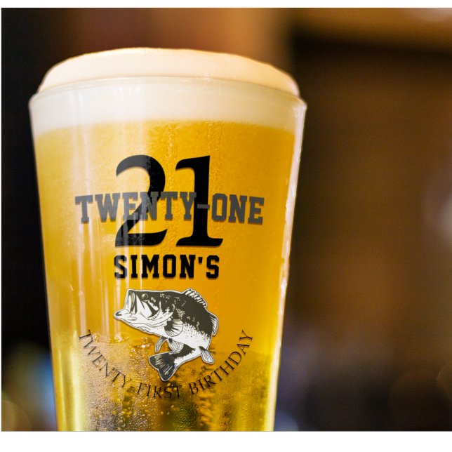 Twenty First Birthday Bass Fishing Themed 21 Glass (Custom Twenty First Birthday Bass Fishing Beer Glass)