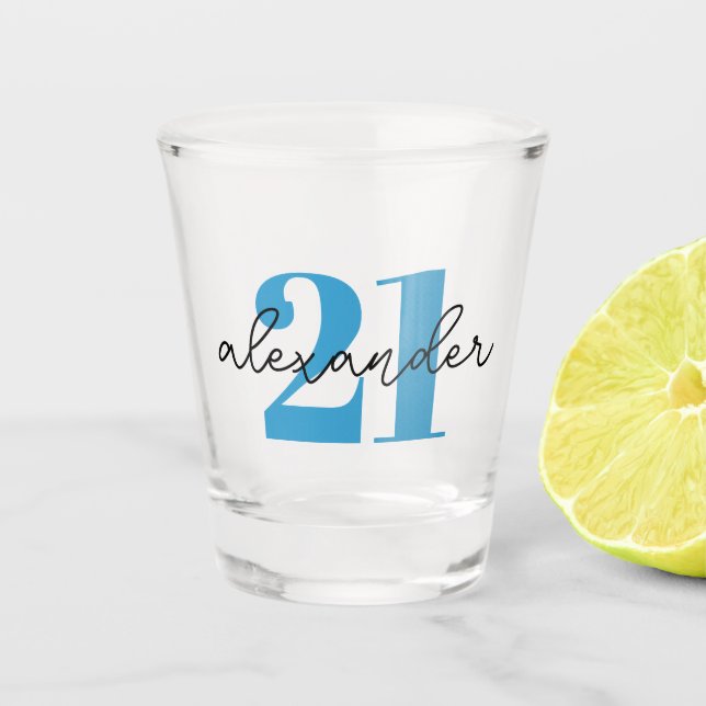 Twenty One 21st birthday age modern script  Shot Glass (Front)