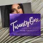 Twenty One 21st Birthday party purple rose gold<br><div class="desc">Twenty one 21st birthday party bold art brush wash in deep purple blue with a rose gold foil text or your own foil colour invite. Personalise this 21st birthday party script art milestone birthday invitation with your own birthday party event details, and your own photo on the reverse. Other years...</div>