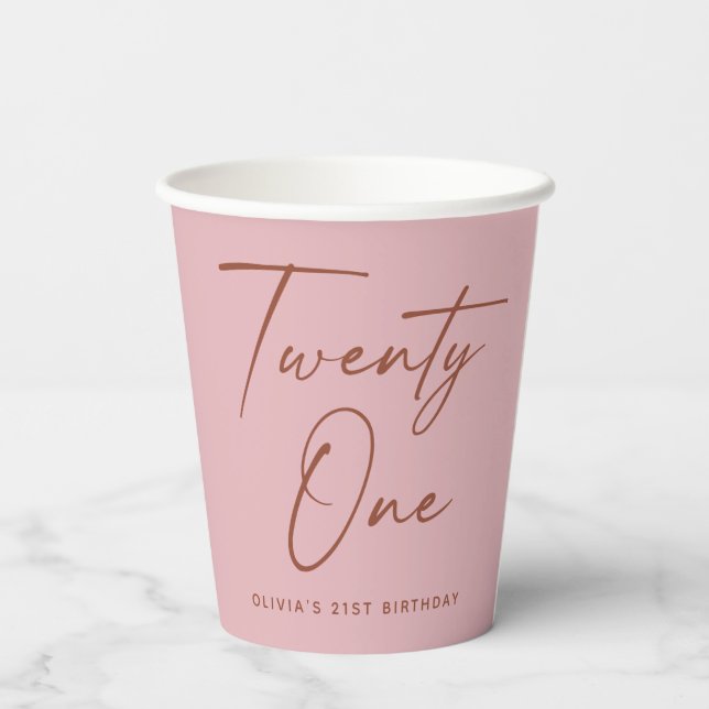 Twenty One Birthday. Dusty Rose Pink Minimal Party Paper Cups (Back)