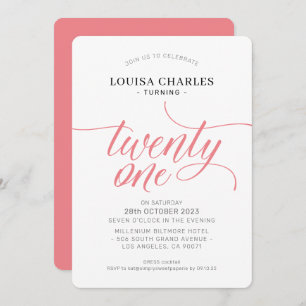 TWENTY-ONE birthday elegant chic script coral Invi Invitation