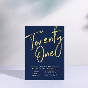 Twenty one   Blue & Gold Chic 21st Birthday Party Invitation