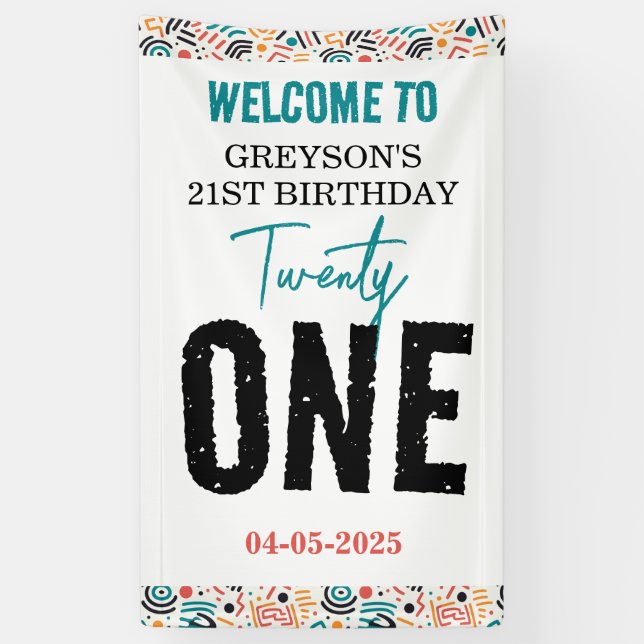 Twenty one | Colourful Geometric 21st Birthday Banner (Vertical)