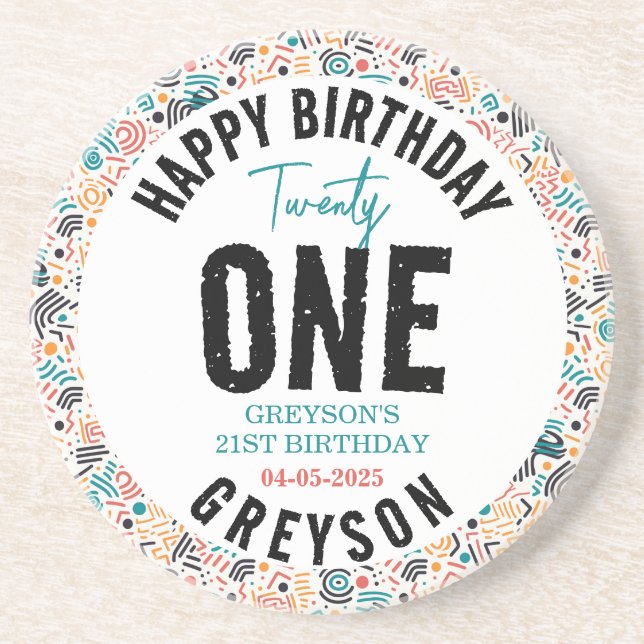 Twenty one | Colourful Geometric 21st Birthday Coaster (Front)