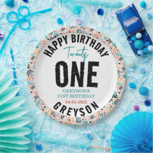 Twenty one   Colourful Geometric 21st Birthday Paper Plate
