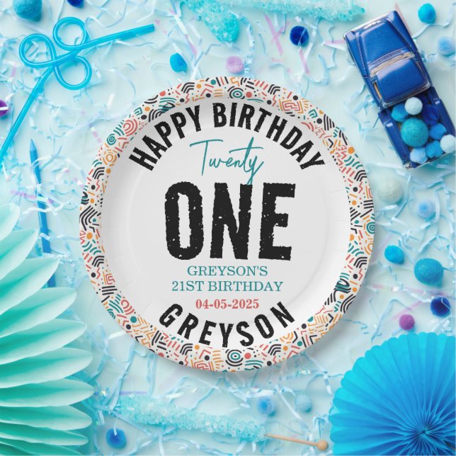 Twenty one | Colourful Geometric 21st Birthday Paper Plate (Party)