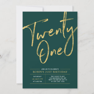 Twenty one Green & Gold Chic 21st Birthday Party Invitation