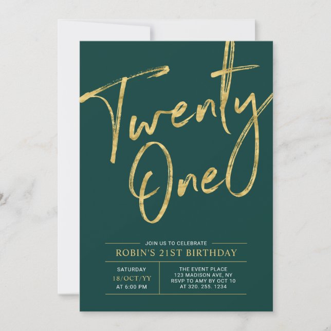 Twenty one | Green & Gold Chic 21st Birthday Party Invitation (Front)