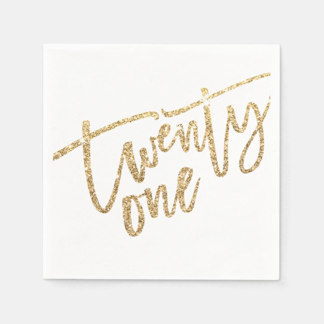 TWENTY-ONE modern script glam gold glitter 21st Napkin (Front)