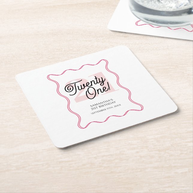 Twenty One Retro Wavy Minimalist 21st Birthday Square Paper Coaster (Angled)