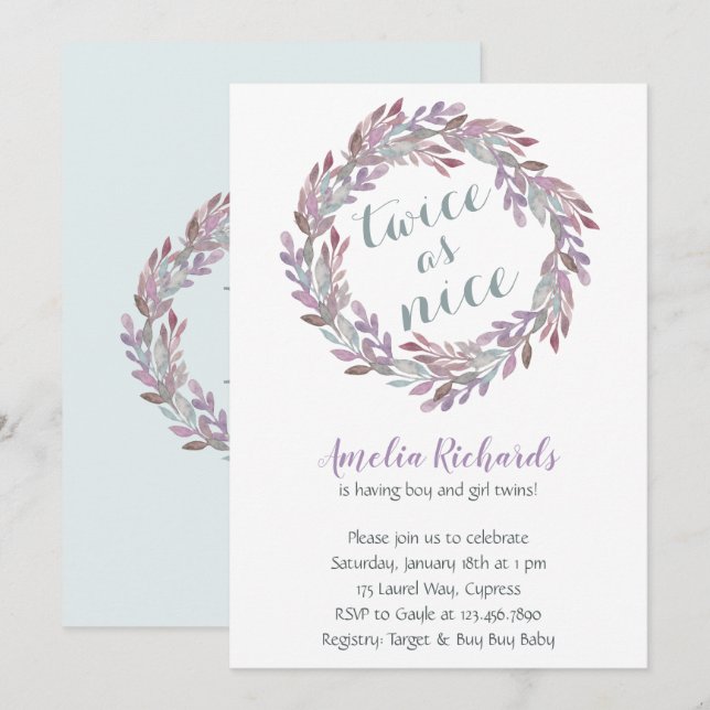 Twice as Nice | Twins Boho Wreath Baby Shower Invitation (Front/Back)