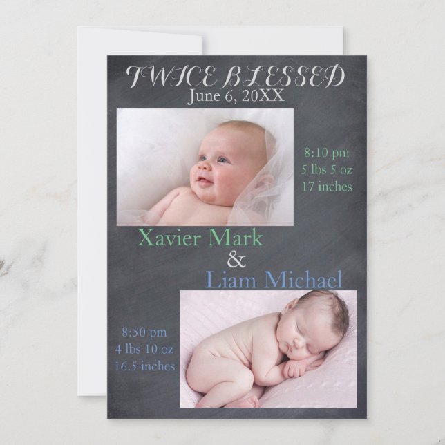 Twice Blessed Twin Boys - Birth Announcement (Front)