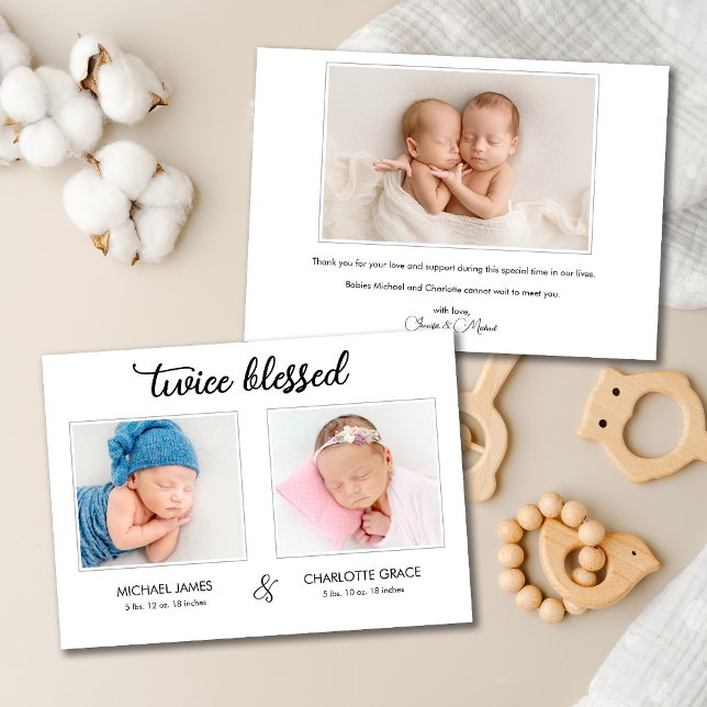 Twice Blessed Twins Photo Announcement Card (Creator Uploaded)