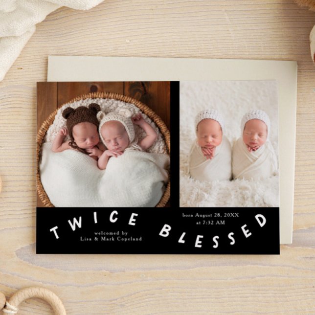 Twice Blessed Typography Black Birth Announcement (Creator Uploaded)