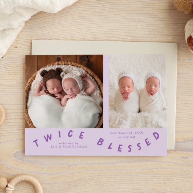 Twice Blessed Typography Lilac Birth  Announcement (Creator Uploaded)