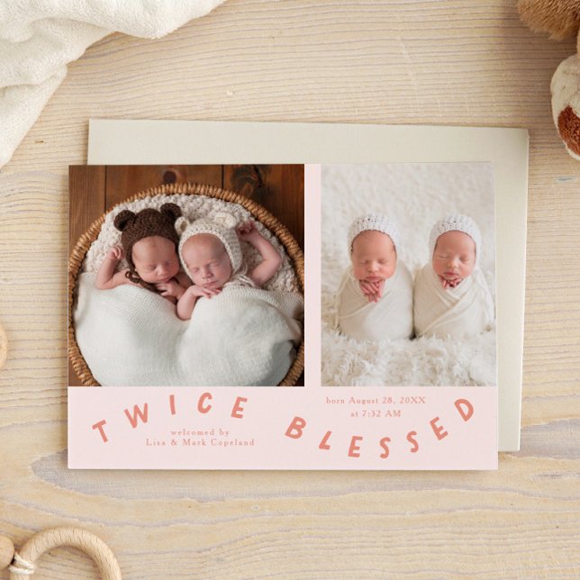 Twice Blessed Typography Peach Birth  Announcement (Creator Uploaded)