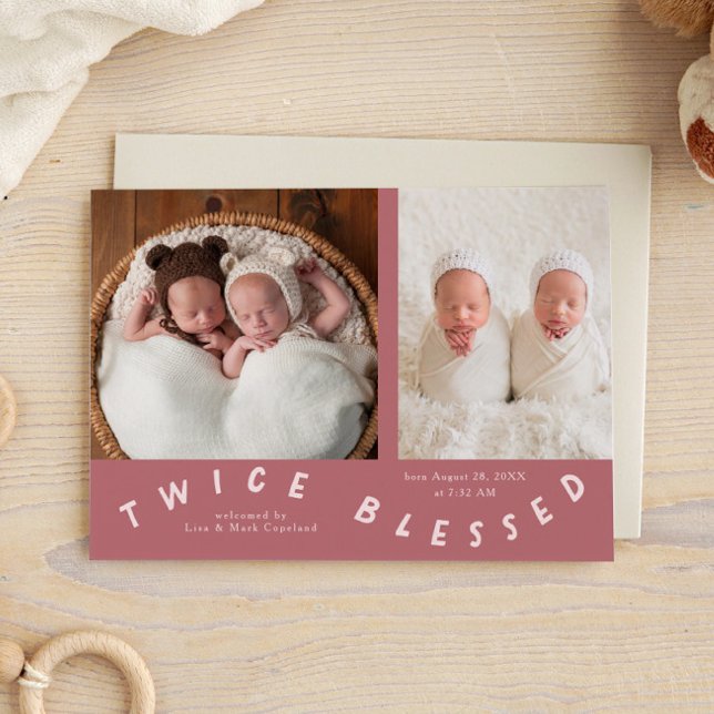 Twice Blessed Typography Pink Birth  Announcement (Creator Uploaded)