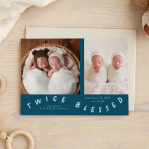 Twice Blessed Typography Teal Birth Announcement