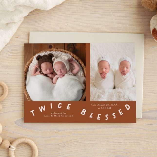 Twice Blessed Typography Terracotta Birth  Announcement (Creator Uploaded)