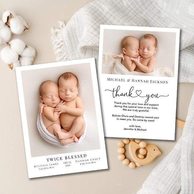 Twice Blesssed Photo Birth Flat Announcement Card (Creator Uploaded)