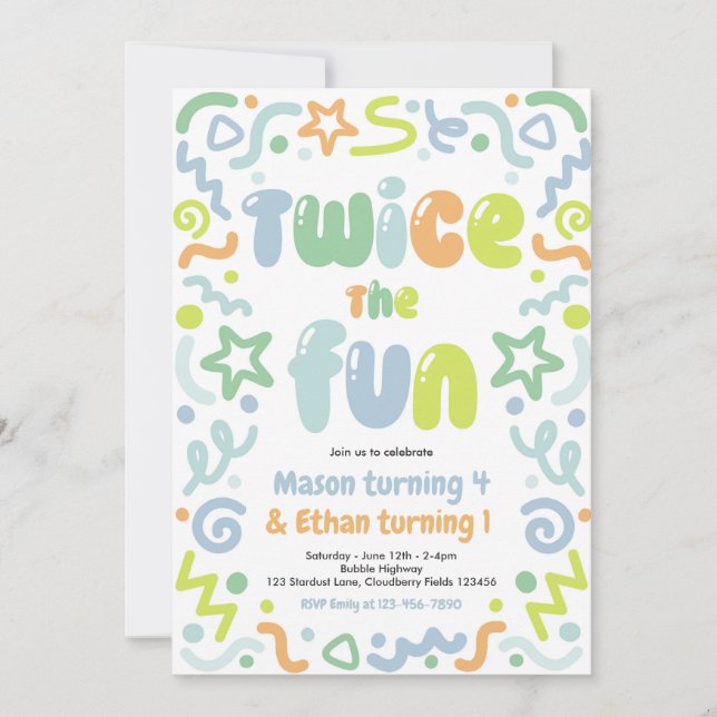 Twice The Fun Joint Birthday Party Balloon  Invitation (Front)