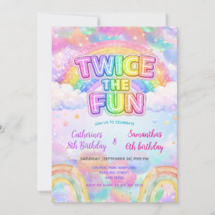 Twice the Fun Rainbow Sibling Birthday  Invitation