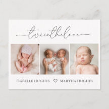 Twice the love, twin baby birth announcement cards