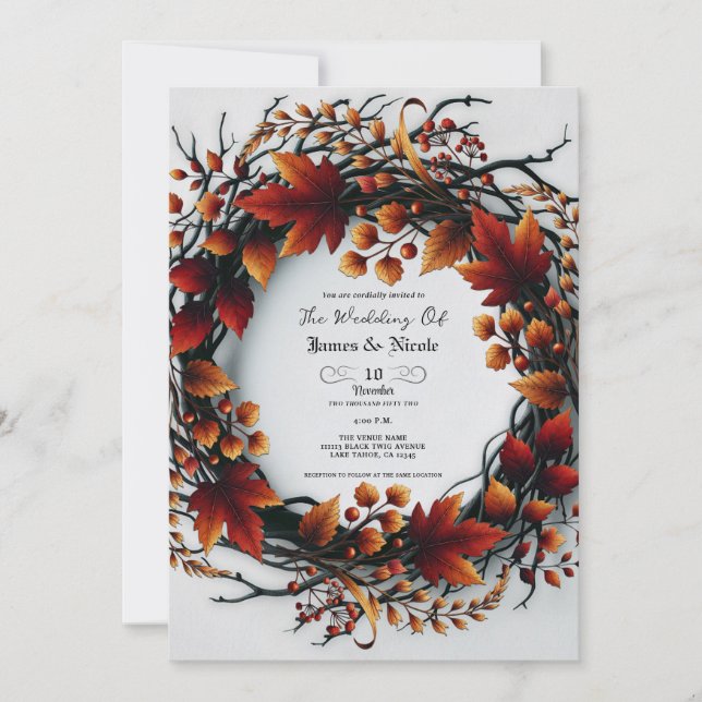 Twigs & Leaves Elegant Fall Floral Autumn Wedding Invitation (Front)