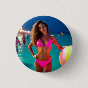 Twilight Beach Portrait — Woman in Neon Pink Bikin 3 Cm Round Badge