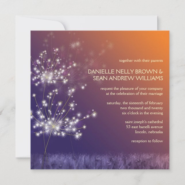 Twilight Dandelions Floral Wedding Invitation (Front)