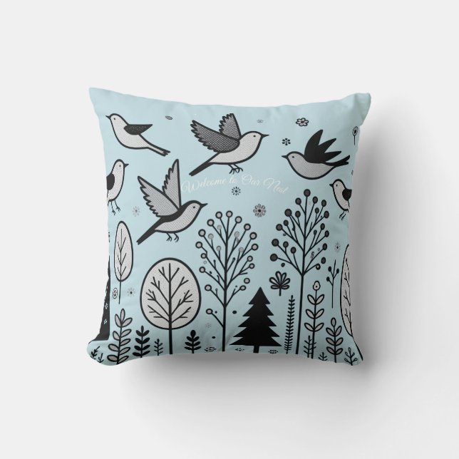 Twilight Forest Birds Light blue Cushion (Front)