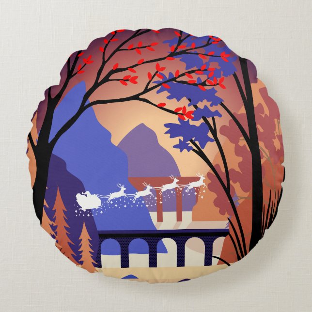 Twilight Forest Christmas Santa Sleigh Round Cushion (Front)