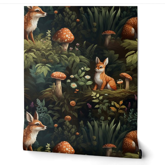 Twilight Forest Friends Botanical Wallpaper (Unrolling)