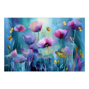 Twilight Garden: Poppies and Golden Wings Poster