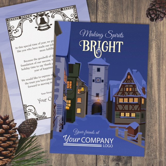 Twilight Glowing Lights, Gold Bavarian Christmas (Folk Art Christmas Lights Company Holiday Greeting Cards Blue Rothenburg, German, old Bavarian Town)