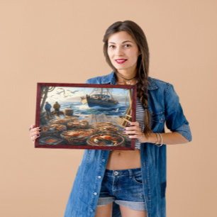 Twilight Harvest Fishermen Collecting Crabs  16x12 Poster