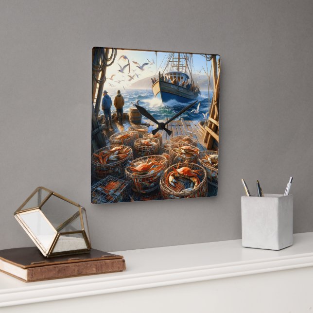 Twilight Harvest Fishermen Collecting Crabs Square Wall Clock (Office)