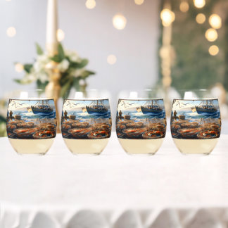 Twilight Harvest Fishermen Collecting Crabs Stemless Wine Glass