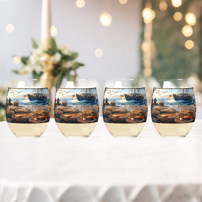 Twilight Harvest Fishermen Collecting Crabs Stemless Wine Glass (Insitu (Wedding))