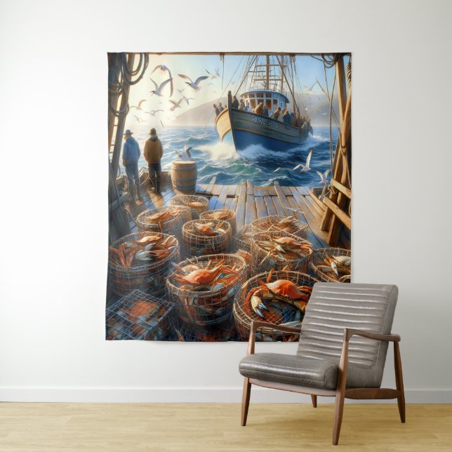 Twilight Harvest Fishermen Collecting Crabs Tapestry (In Situ)